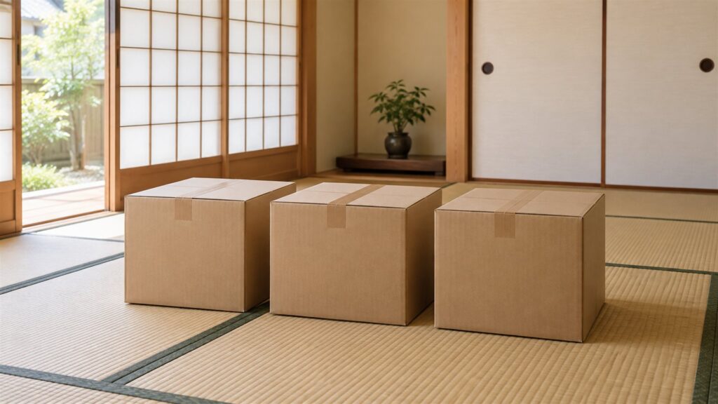 明るい和室に横並びで置いた封をした段ボール箱（AI生成イメージ）