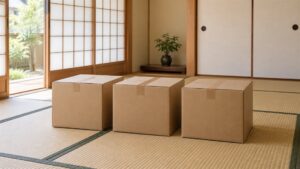明るい和室に横並びで置いた封をした段ボール箱（AI生成イメージ）