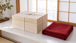 白いひもを掛けた桐箱と畳んだ赤い毛氈（AI生成イメージ）