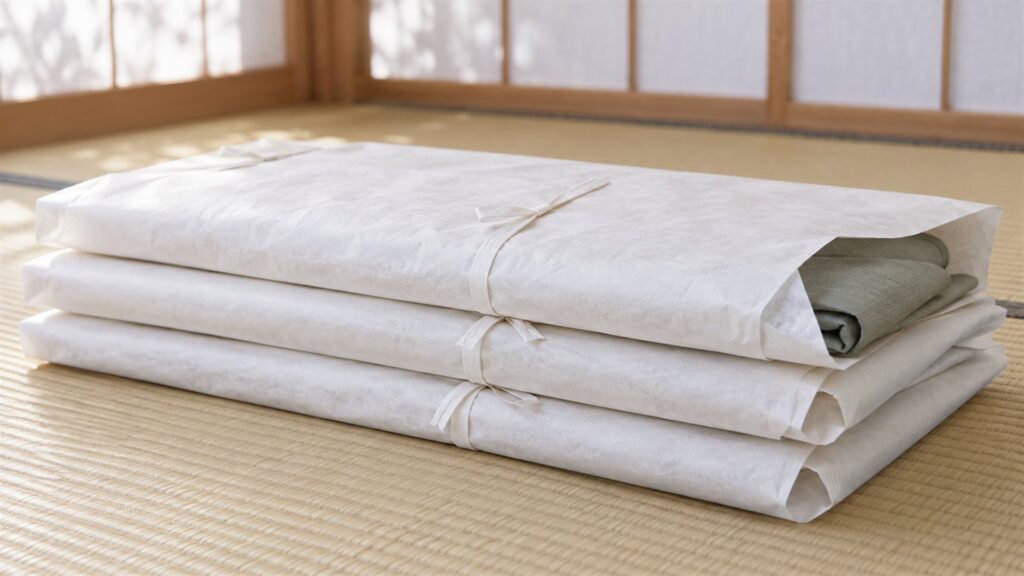 たとう紙に包んで畳の上に重ねた着物（AI生成イメージ）