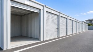 手前の空いた区画が見える屋外型トランクルーム（AI生成イメージ）