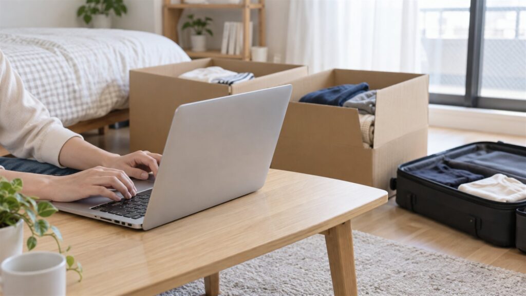 荷造り中の部屋でノートパソコンを操作する手元（AI生成イメージ）