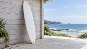 海辺の木の壁に立てかけた白いロングボード（AI生成イメージ）