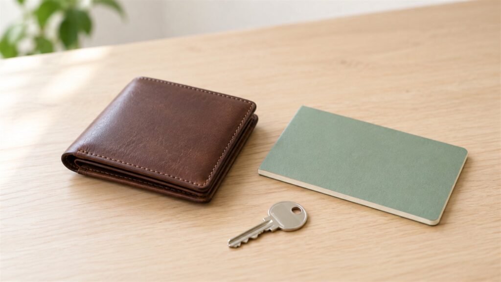 木の机の上に置いた財布と無地の冊子と鍵（AI生成イメージ）