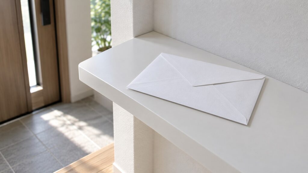 玄関の棚に置いた無地の封書（AI生成イメージ）