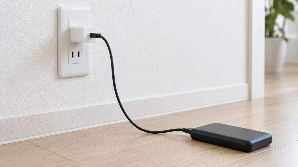 壁のコンセントからバッテリーを充電する様子（AI生成イメージ）