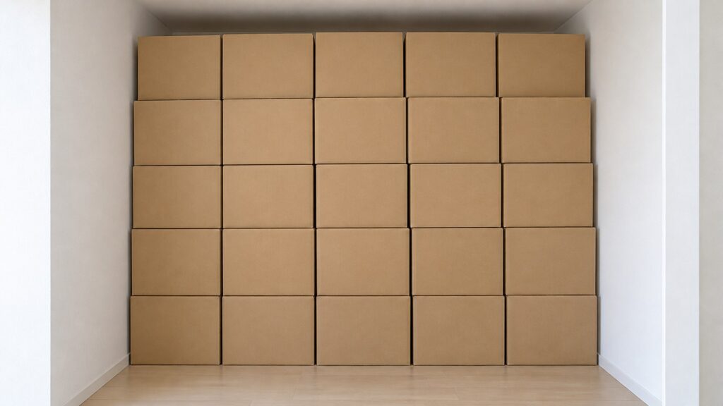 収納区画に整然と積んだ同じ大きさの段ボール（AI生成イメージ）