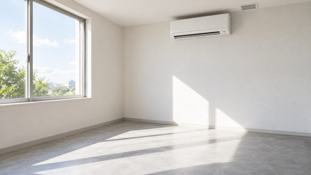 夏の日差しが入る室内のエアコンと換気口（AI生成イメージ）